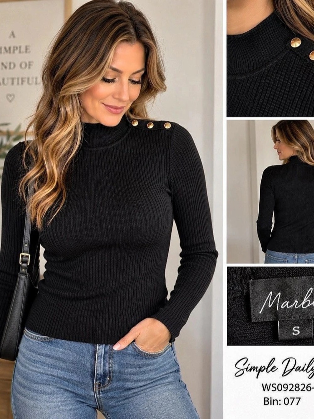 Marbel Women’s S Black Ribbed Mock Neck Sweater Gold Button Shoulder